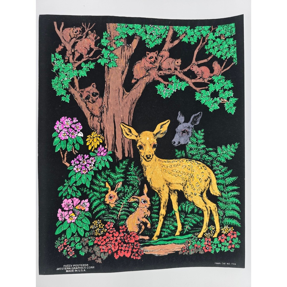Vintage 1970s Western Graphics Fuzzy Blacklight Poster Fawn Deer Woodland 7104